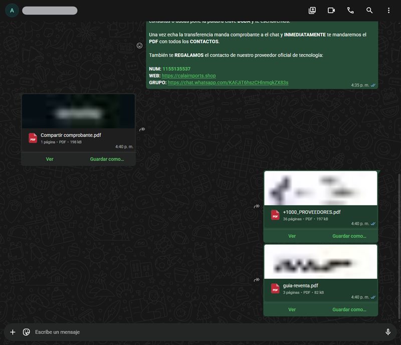 Conversacion de WhatsApp: el cliente manda el comprobante y recibe el PDF con mas de 1000 proveedores y la guia de reventa