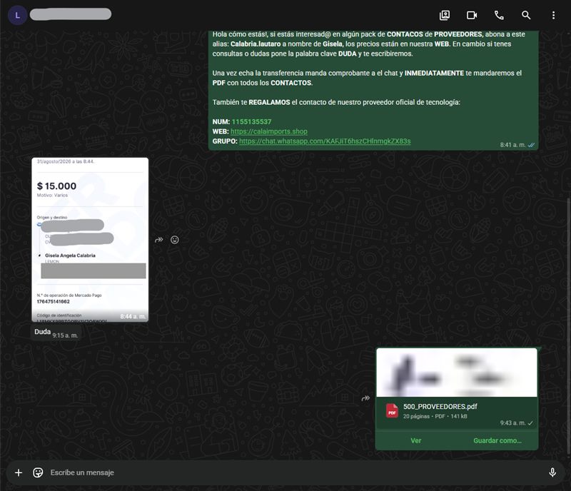 Conversacion de WhatsApp: el cliente transfiere y recibe el PDF con 500 proveedores