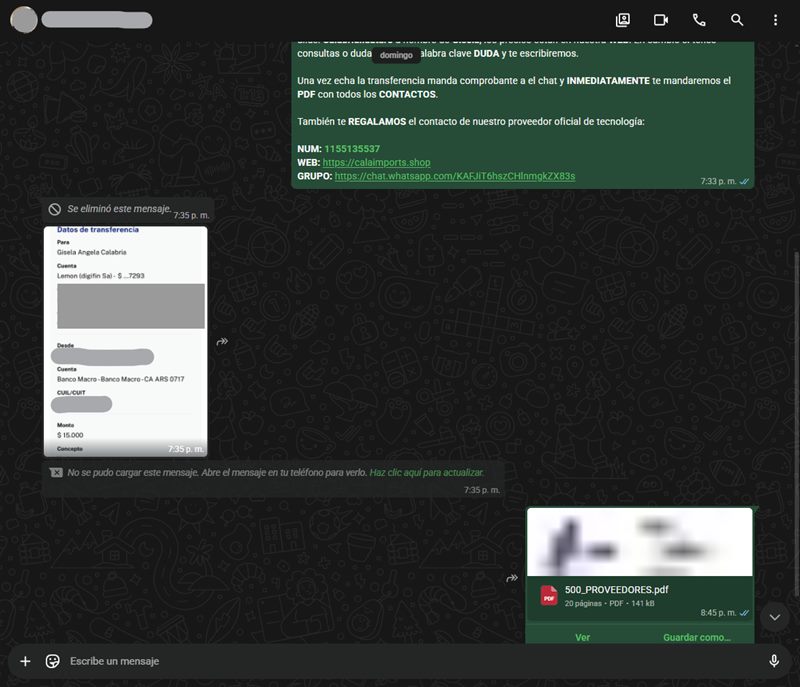 Conversacion de WhatsApp: comprobante de transferencia y entrega del PDF con 500 proveedores